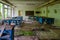 Devastation in premises of abandoned school in resettled village of Pogonnoye in exclusion zone of Chernobyl, Belarus
