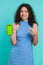 Developer woman girl hold smartphone with green screen chroma key mock up recommend good application