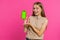 Developer woman girl hold smartphone with green screen chroma key mock up recommend good application