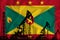 Developing Flag of Grenada. Silhouette of drilling rigs and oil rigs on a flag background. Oil and gas industry. The concept of