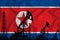 Developing Flag of North Korea. Silhouette of drilling rigs and oil rigs on a flag background. Oil and gas industry. The concept