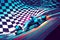 developing formula one racing checkered flag on blue background, generative ai