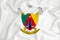 A developing white flag with the coat of arms of Cameroon. Country symbol. Illustration. Original and simple coat of arms in