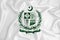 A developing white flag with the coat of arms of Pakistan. Country symbol. Illustration. Original and simple coat of arms in