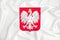 A developing white flag with the coat of arms of Polski. Country symbol. Illustration. Original and simple coat of arms in