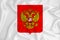 A developing white flag with the coat of arms of Russia. Country symbol. Illustration. Original and simple coat of arms in