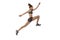 Development of movements in long jump sport. One professional female athlete in sports uniform jumping isolated on white