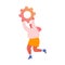 Development, Optimization and Business Process Concept. Cheerful Businesswoman Running with Huge Cogwheel