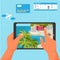 Device application for booking ticket and hotel, vector illustration. Journey app with resort on mobile flat screen