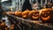 Devil in black cloak work with Pumpkins with halloween scary face on conveyor belt line.