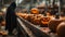 Devil in black cloak work with Pumpkins with halloween scary face on conveyor belt line.