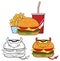 Devil Burger Cartoon Character Design. Collection Set