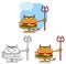 Devil Burger Cartoon Character Holding A Trident. Collection Set