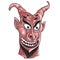 A devil demon cartoon character face with an evil grin. Alien face with goat horn.