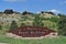 Devil`s backbone rock formation sign at entrance to popular outdoor trail for hiking, biking and horseback riding in Loveland, CO