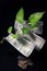 Devil`s ivy Epipremnum aureum or Money plant leaf with 500 rupees currency note over black background.