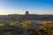 Devils Tower Butte and Belle Fourche River at Sunset in Autumn. Crook County. Wyoming, USA. Aerial View