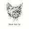 Devon Rex Cat face portrait. Ink black and white doodle drawing