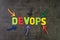 Devops for software continuous operations and development or programming concept, multi color arrows pointing to the word Devops