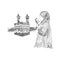 A devout female Muslim performing an Islamic prayer in Mecca. Hand drawn vector illustration