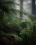 Dew covered spider web woven in a misty forest during morning light. Dew covered spider web on a forest background.