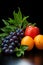 Dewy Fresh Grapes, Oranges, and Apple on Dark Elegance. AI generation