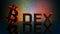 DEX decentralized exchange and bitcoin symbol on mirrored floor with digital background.