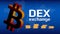 DEX decentralized exchange and bitcoin symbol with the world map on blue background.