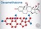 Dexamethasone molecule. This anti-inflammatory medication is a corticosteroid hormone glucocorticoid. Sheet of paper in a cage