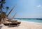 Dhow on a beach on the shores of the Indian Ocean in northern Zanzibar