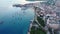 Dhow boats and Stone Town city at Unguja Zanzibar island in Tanzania. Indian ocean aerial view.