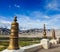 Dhvaja (victory banner), on the roof of Thiksey monastery. Ladak