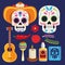 Dia de los muertos celebration poster with skulls couple and instruments