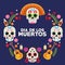 Dia de los muertos celebration poster with skulls heads group and guitars around