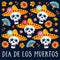 Dia de los Muertos greeting card, invitation. Mexican Day of the Dead. Decorative skulls with sombrero hat, mums