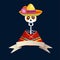 Dia de Los Muertos greeting card, invitation. Mexican Day of the Dead. Skeleton in poncho and with sombrero hat. Ornamental skull.