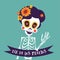 Dia de Los Muertos greeting card, invitation. Mexican Day of the Dead. Skeleton woman with flowers and ribbon banner