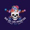 Dia de los Muertos greeting card with smiling skull and mexican flowers