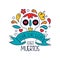 Dia De Los Muertos logo, traditional Mexican Day of the Dead design element with sugar festive skull, holiday party