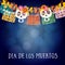 Dia de los muertos, Mexican Day of the Dead or Halloween card, invitation with garland of lights, sculls and handmade