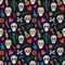 Dia de los muertos pattern. Day of the dead mexican floral sugar human head bones vector background illustration. Dead