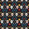 Dia De Los Muertos seamless pattern with skulls and flowers on black background. Traditional mexican Halloween design