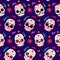 Dia de los muertos seamless vector pattern. The main symbols of the holiday on the dark background.