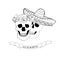 Dia de muertos banner. Pair skull in sombrero skull in rose wreath hand drawn graphic ink monochrome design