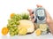 Diabetes concept glucose meter healthy organic food