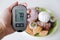 Diabetes concept: sweets and unhealthy food with glucometer. Nutrition cause diabetic desease