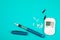 Diabetes. Diabetes concept. Glucose meter and injections for insulin on a blue background. Diabetic supplies