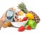 Diabetes diabetic concept glucose meter in hand and healthy organic food