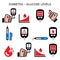 Diabetes, diabetic healthcare vector color icons set - high and low sugar, glucose levels - hypoglycemia, hyperglycemia design