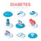 Diabetes - isometric icons set. Blood glucose meter, pills, syringe, insulin vial, calendar, search icon. Diabetes mellitus type 2